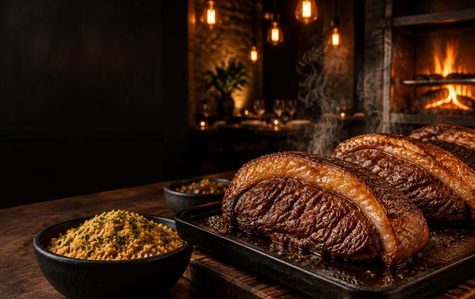 Picanha na chapa com farofa em ambiente sofisticado